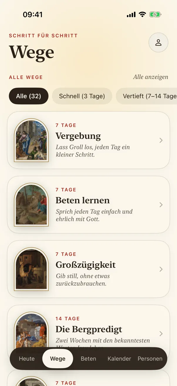 Wege: geführte Wege von 3, 7 und 14 Tagen, jeder mit seinem Gemälde.