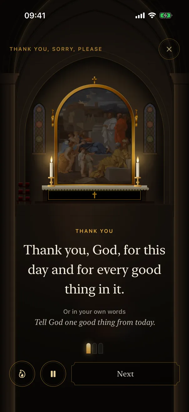 A guided prayer in the app: a painting over a candlelit altar, and the words to pray below it.