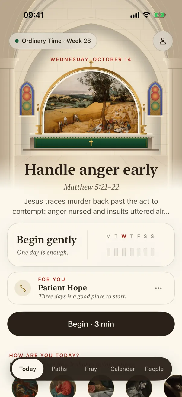 The Today screen: the day's painting over the altar of a church, today's practice, and the week of windows.
