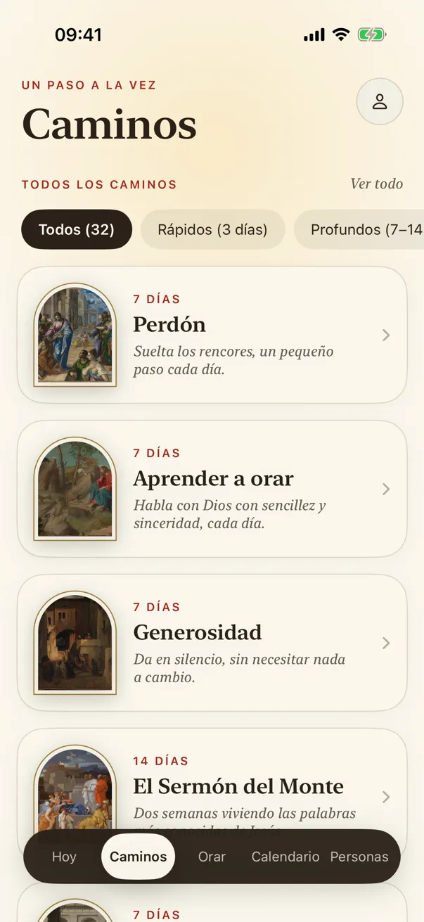 Caminos: caminos guiados de 3, 7 y 14 días, cada uno con su pintura.