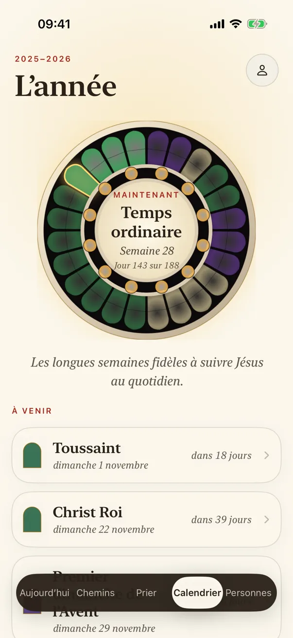 Le Calendrier : l’année comme une rosace aux couleurs des temps liturgiques, et les jours dont tu te souviens.