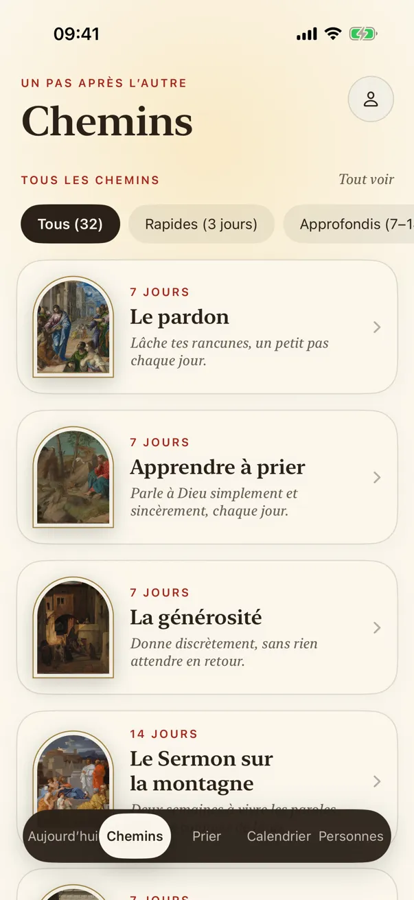 Chemins : des chemins guidés de 3, 7 et 14 jours, chacun avec sa peinture.