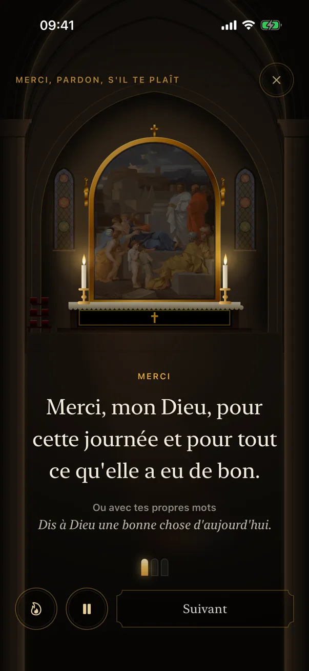 Une prière guidée dans l’app : une peinture au-dessus d’un autel éclairé de bougies, et en dessous les mots à prier.