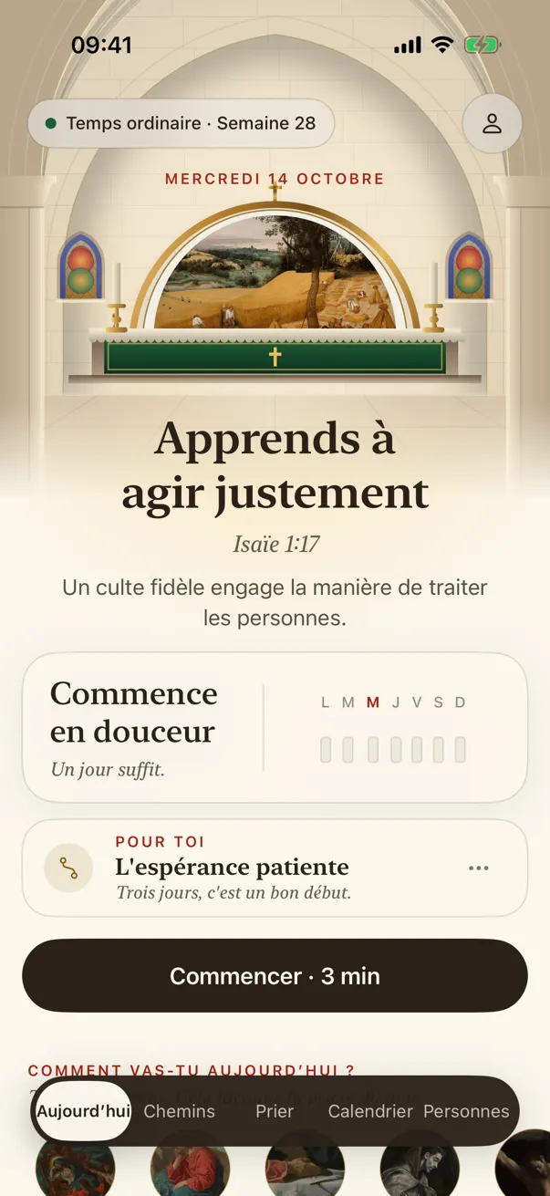 L’écran Aujourd’hui : la peinture du jour au-dessus de l’autel d’une église, la pratique du jour et la semaine de fenêtres.