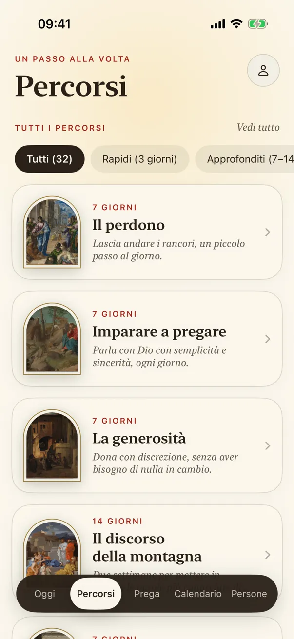 Percorsi: percorsi guidati di 3, 7 e 14 giorni, ciascuno con il suo dipinto.