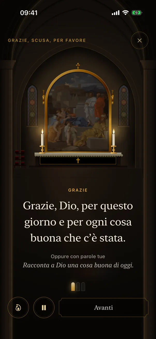 Una preghiera guidata nell'app: un dipinto sopra un altare illuminato dalle candele e, sotto, le parole da pregare.