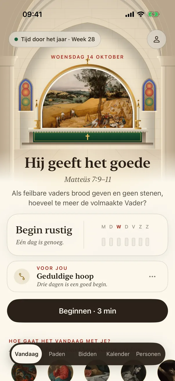 Het scherm Vandaag: het schilderij van de dag boven het altaar van een kerk, de oefening van vandaag en de week van vensters.