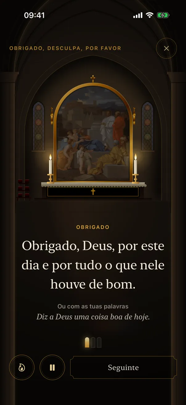 Uma oração guiada na app: uma pintura sobre um altar com velas acesas e, por baixo, as palavras para orar.