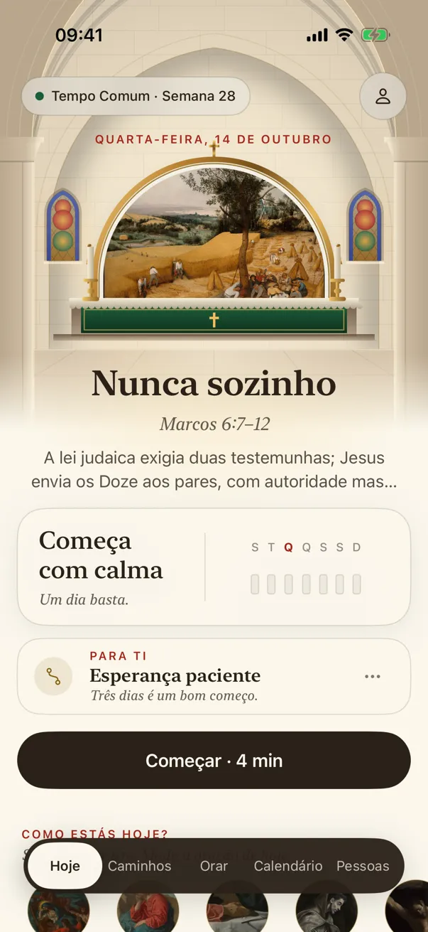 O ecrã Hoje: a pintura do dia sobre o altar de uma igreja, a prática de hoje e a semana de janelas.